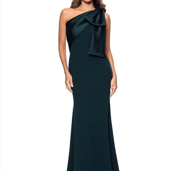 Betsy & Adam One Shoulder Dark Green Dress - Picture 3 of 12